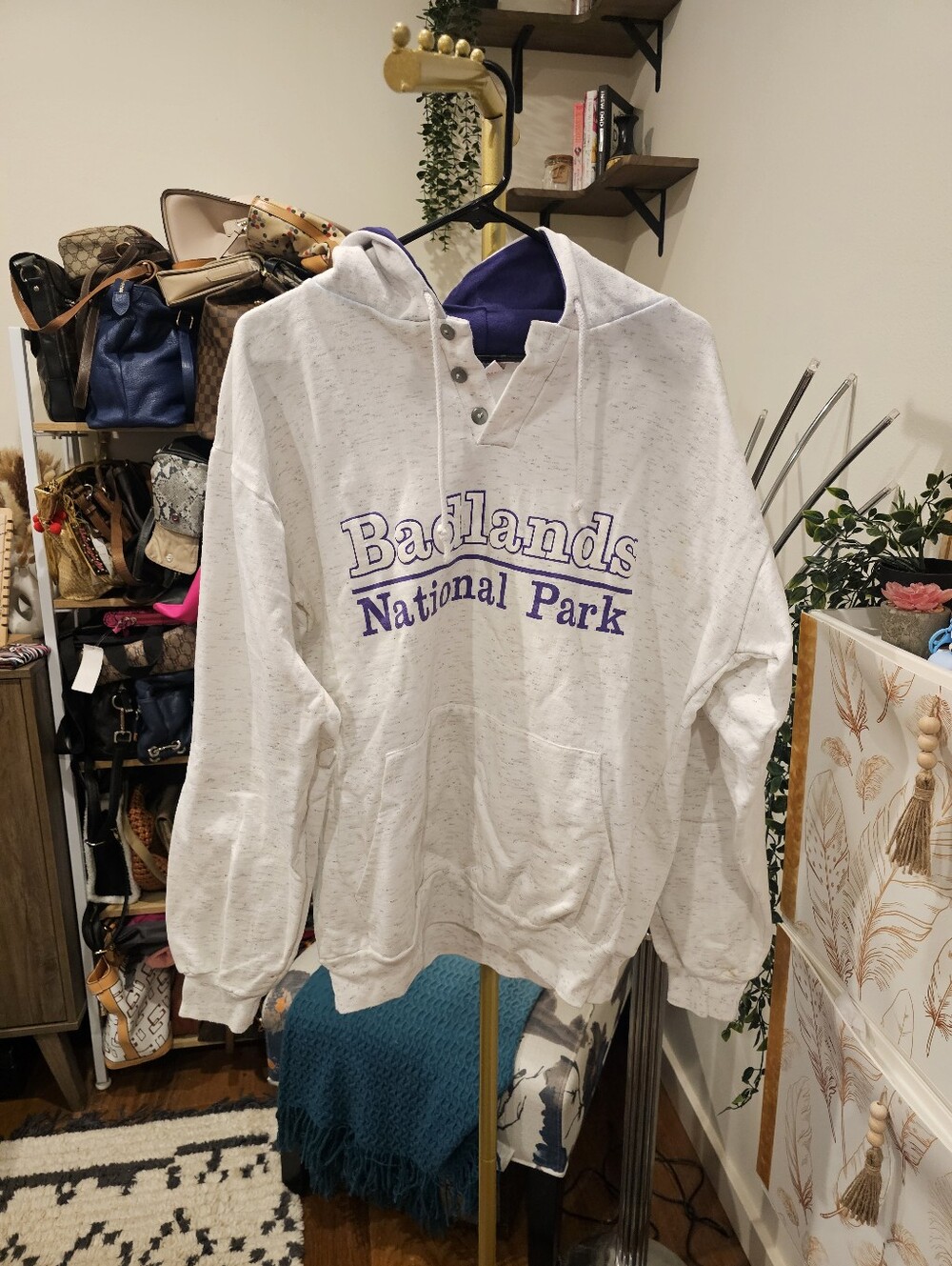 Vintage Badlands National Park Hooded Sweatshirt - White with Purple Text